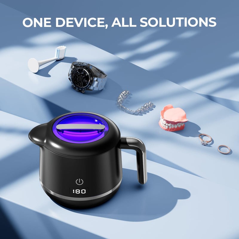 [Australia] - Ultrasonic Retainer Cleaner Machine - 45kHz Ultrasonic Jewelry Cleaner - 200ML Mouth Guard & Denture Cleaner Pod - 5 Modes with Digital Timer - Upgrade Water Bottle Design,Bright Black 