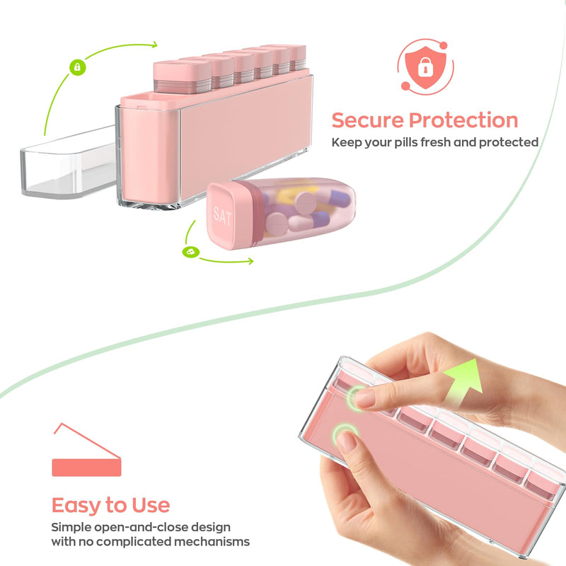 HIONXMGA Weekly Pill Organizer, Detachable 7-Color Pill Box, Easy Tracking | Portable Travel Pill Case Container for Daily Vitamin Supplement Fish Oil, Silicone-Seal, Lasting Labels, Quick Fill (Pink) Pink (Pink)