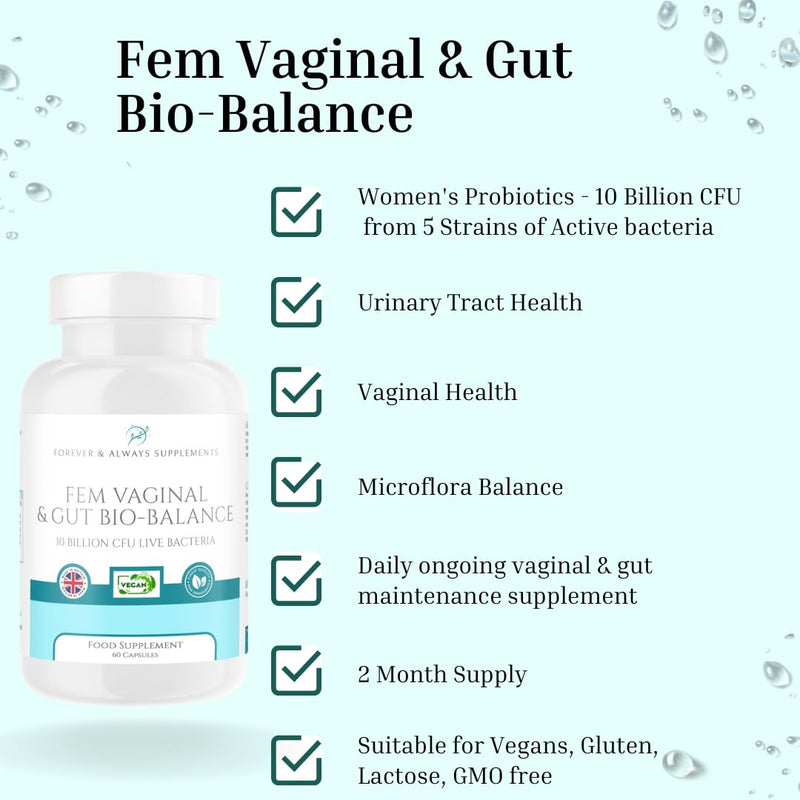 Fem Vaginal & Gut Bio-Balance - 2 Months Supply - Vegan Vaginal probiotics for Women 10 Billion CFU- Candida Yeast Balance, Urinary, Bacterial Vaginosis (BV), UTI, Good Bacteria & Gut Health Support