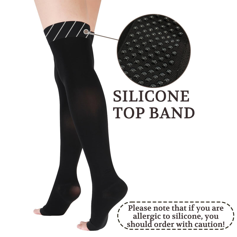 [Australia] - LIN PERFORMANCE 15-20 mmHg Medical Compression Stockings for Women and Men Thigh High Dot-Top Open Toe Socks for Varicose Vein Swollen legs Travel Flight Pregnant(Black,L) Black Large 