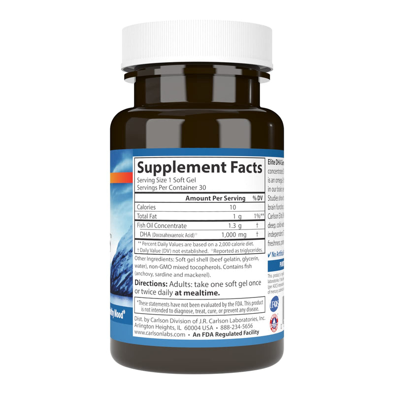 [Australia] - Carlson - Elite DHA Gems, 1000 mg DHA, Supports Healthy Brain Function & Vision, 30 soft gels 