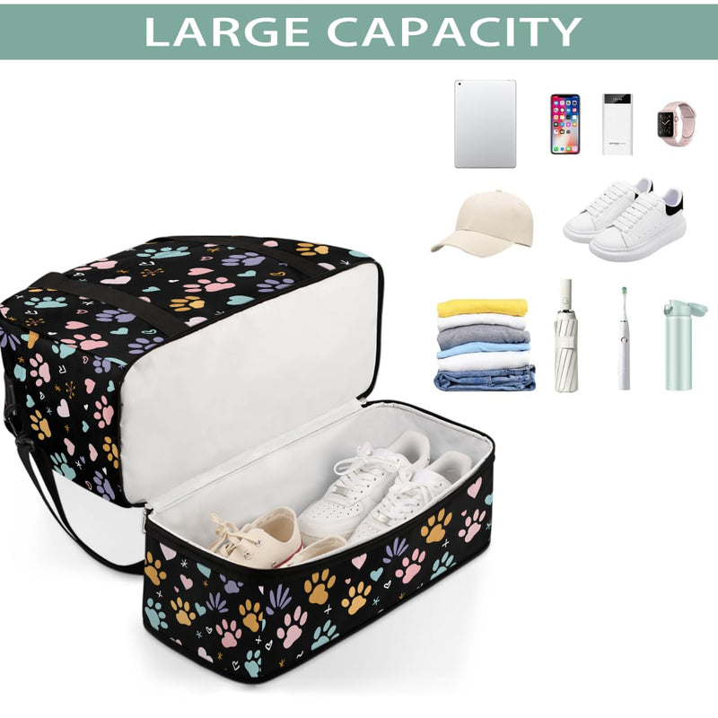 Weekender Bag for Women Man, Paw Prints Foldie Travel Duffel Bag with Shoe Compartment, Carry on Overnight Bag Sports Gym Bag for Airplanes Yoga Dance Beach Swim Hospital A-007