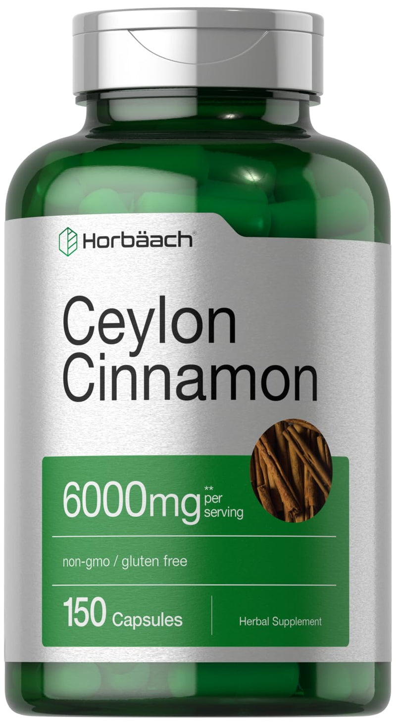 Horbaach Ceylon Cinnamon Capsules | 6000 mg | 150 Count | Non-GMO & Gluten Free Supplement 150 Count (Pack of 1)