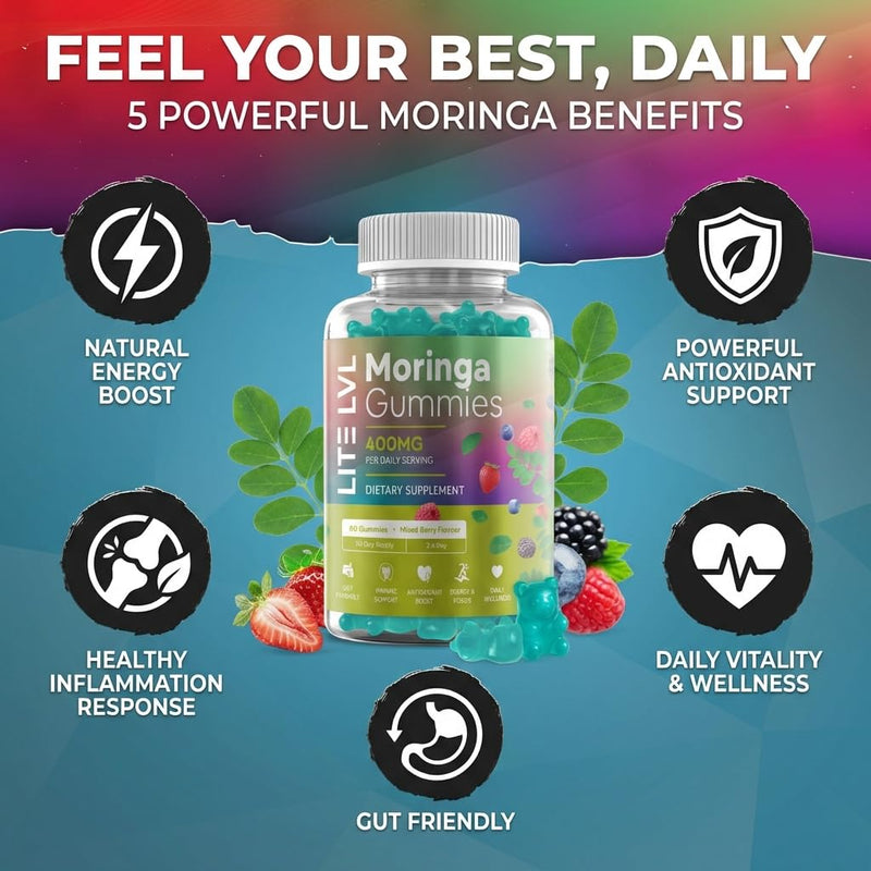 Moringa Gummies x 60 | Daily Wellness Support | Plant Based Superfood Gummies | Easy Wellness with Moringa Leaf | Powerful Antioxidants | Mixed Berry Flavour | 30 Days Supply |