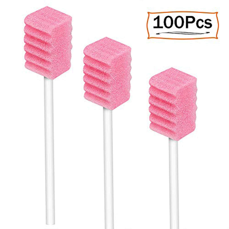 (100 Pack) Disposable Oral Swabs, Sterile Dental Sponge Swabsticks Unflavored for Mouth or Gum Cleaning - Sponge and Paper Rod. 100pcs-tooth Pink