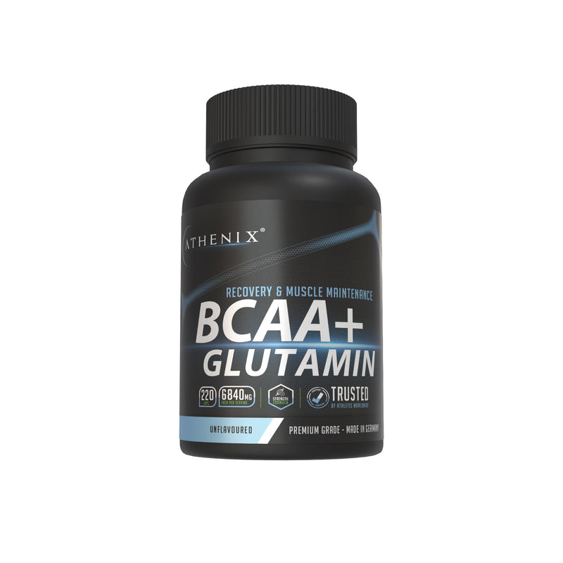 Athenix® Premium BCAA + Glutamine Capsules – 2:1:1 BCAA Ratio, 3420 mg BCAAs + 3420 mg Glutamine | Muscle Recovery, Endurance & Lean Muscle Maintenance, Premium Grade Made in Germany, Vegan, 220 Caps