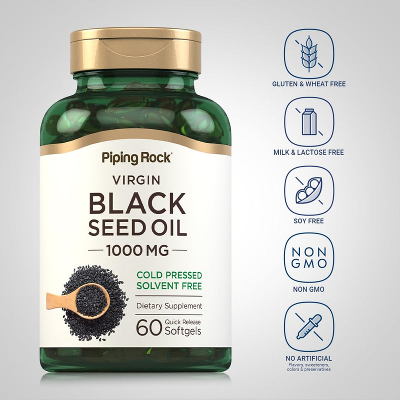 [Australia] - Piping Rock Black Seed Oil Pills | 1000mg | 60 Softgels | Cold Pressed Solvent Free | Non GMO, Gluten Free Supplement 