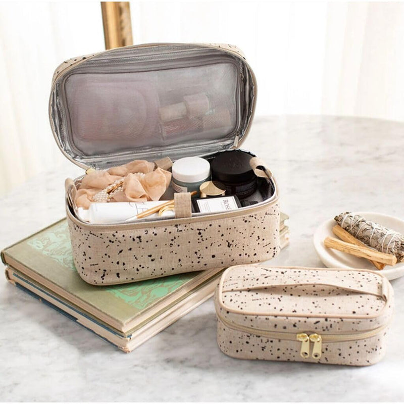 Beauty Poche - Cosmetic Bag & Makeup Organizer for Travel, Three-Tiered, Linen/Cotton Exterior, Removable Tray, Machine Washable - Ink Splatter
