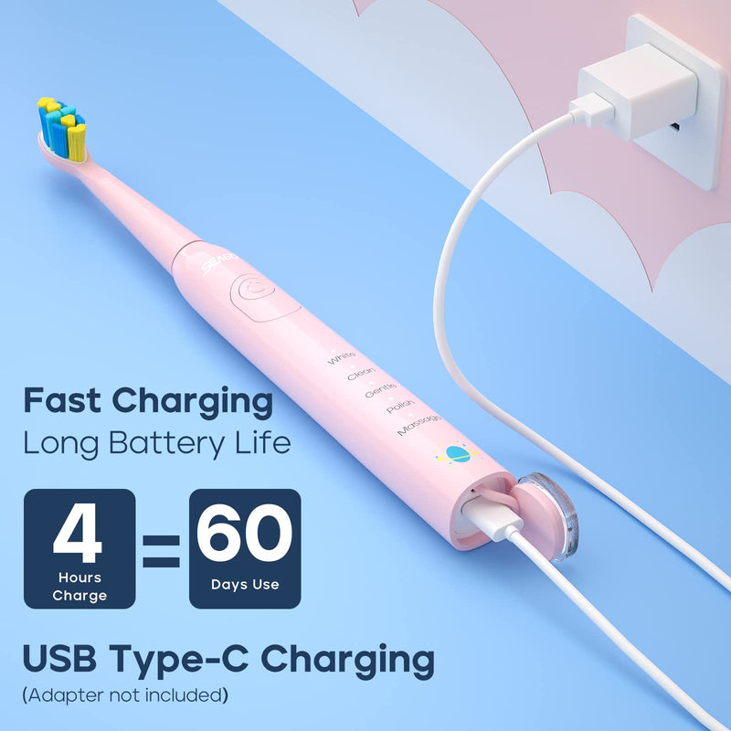 [Australia] - SEAGO Kids Electric Toothbrush, Sonic Soft Bristle Rechargeable Toothbrushes with DIY Stickers, 5 Modes, includes 4 Replacement Brush Heads, Ages 3 to 12 Years Old (Pink) Pink 