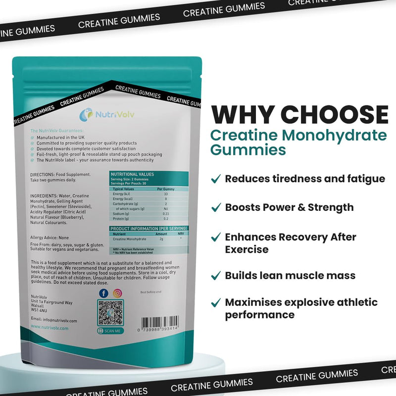 Creatine Monohydrate Gummies | 60 Count | Blueberry Flavour | Muscle Growth & Recovery | Supplements for Men & Women | Vegan Friendly | Gym Pre Workout Chewable Gummies | 1 Month Supply | by NutriVolv