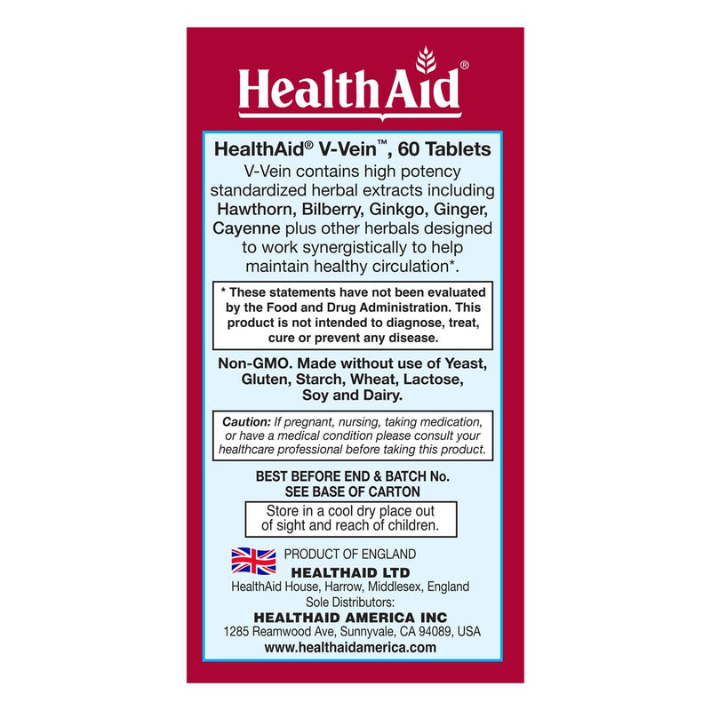 HealthAid V-Vein, Beneficial Nutrients for Healthy Circulation for Legs and feet, 60ct, Once Daily, Contains Ginkgo, Grape Seed, Vitamin C and Bilberry, Vegan