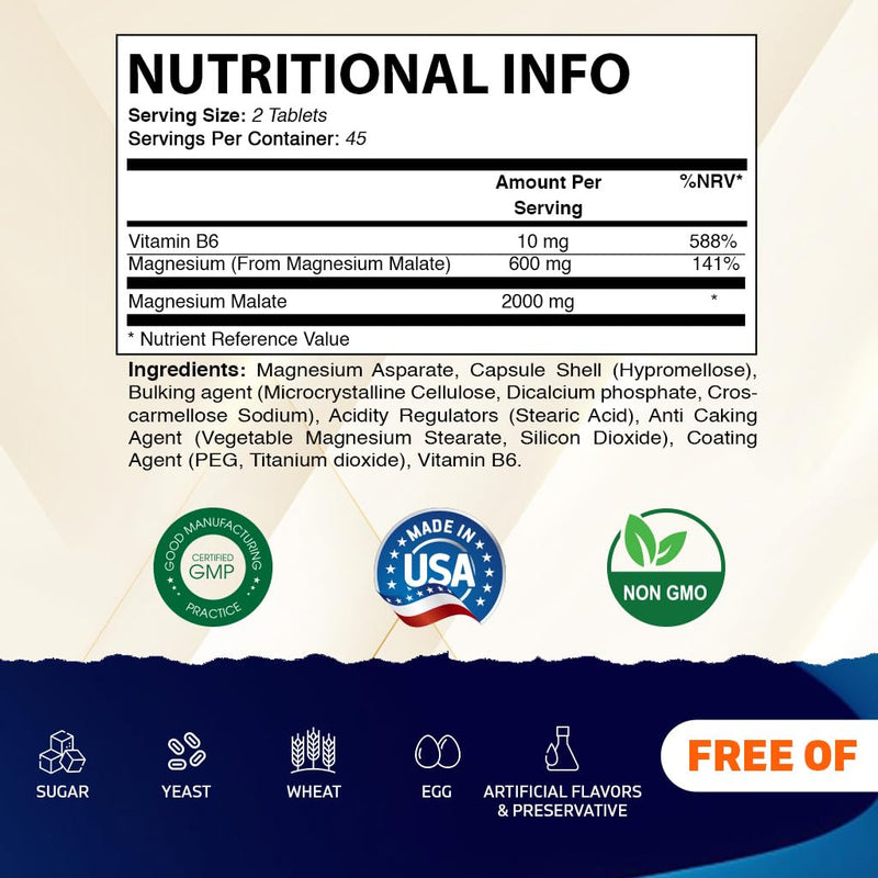 Vitamatic Magnesium Malate 2000mg per Serving - 90 Vegetarian Tablets - Added B6 for Maximum Absorption - Supports Muscle, Joint, and Heart Health*