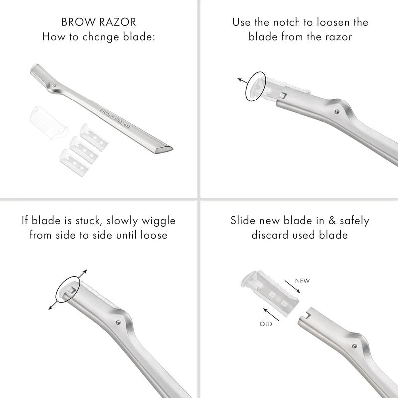 Tweezerman Eyebrow Razor with 3 Replacement Blades and Safety Cap (Stainless Steel) Stainless Steel Brow Razor