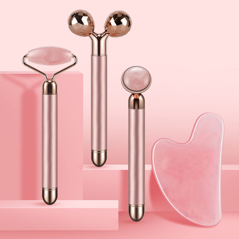 [Australia] - 4-in-1 Face Massager and Gua Sha Set for Women, Rose Quartz Face Roller Skin Care Tools Electric Eye Massager Tool for Face Skin Roller 
