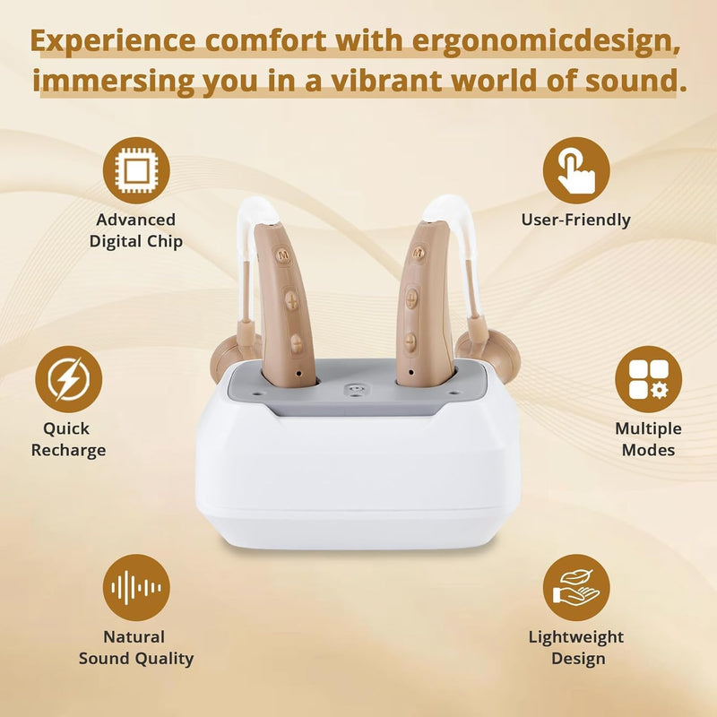 Digital Rechargeable Sound Device for Adults, Behind the Ear, with Noise Reduction, 4 Modes, Adjustable Volume, Beige Camel 2