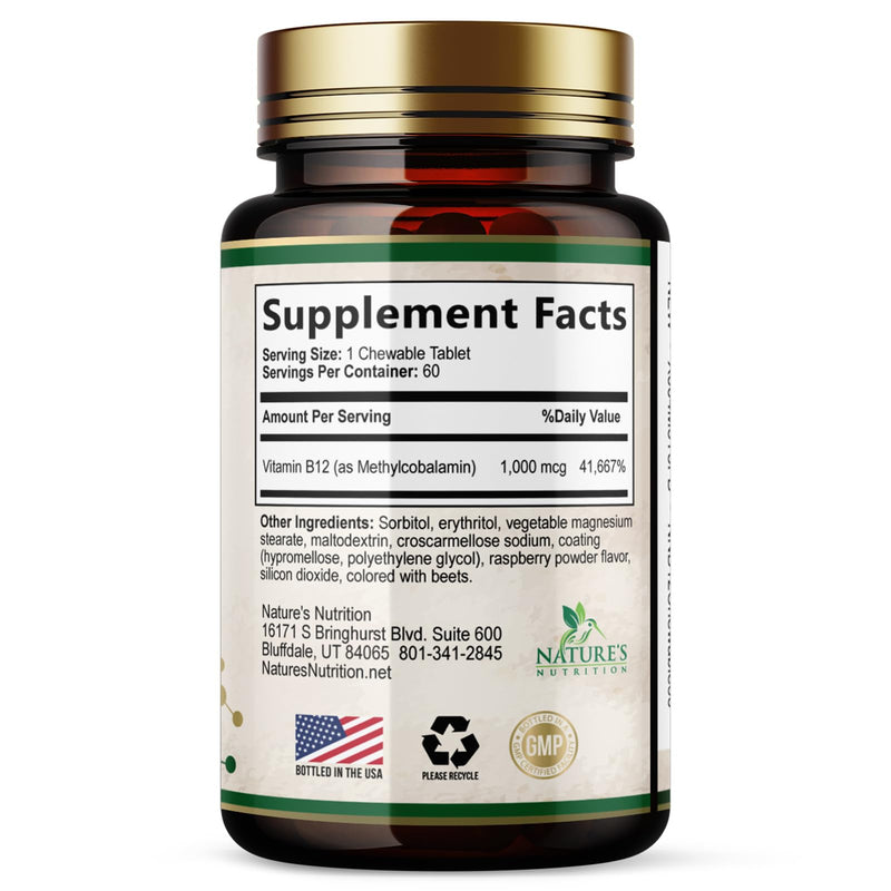 Vitamin B12 - 1000 mcg Per Serving Maximum Strength Methylcobalamin B-12 Chewable Tablet - Energy, Nervous System & Brain Support - Fast Dissolve, Gluten-Free, Non-GMO for Women & Men - 60 Tablets 60 Count (Pack of 1)
