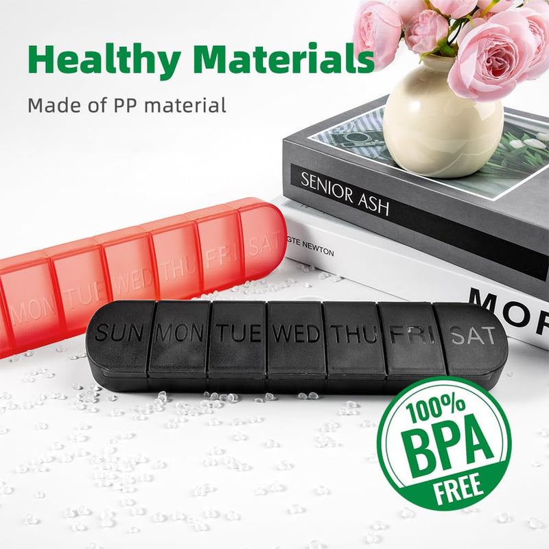2 PCS Weekly Pill Organiser 1 Times a Day, Arthritis Friendly Travel Pill Case, BPA-Free Pill Box 7 Day, Large Compartments to Hold Vitamins Supplements Medicine (Black) Black