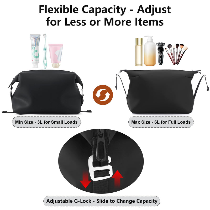 Vomgomfom 6L 13 Inch Silicone Toiletry Bag, Waterproof Leakproof Travel Cosmetic Organizer, Adjustable G-Buckle Compression Dopp Kit, Foldable Makeup Bag for Women & Men (Black, 13" 6L) Black