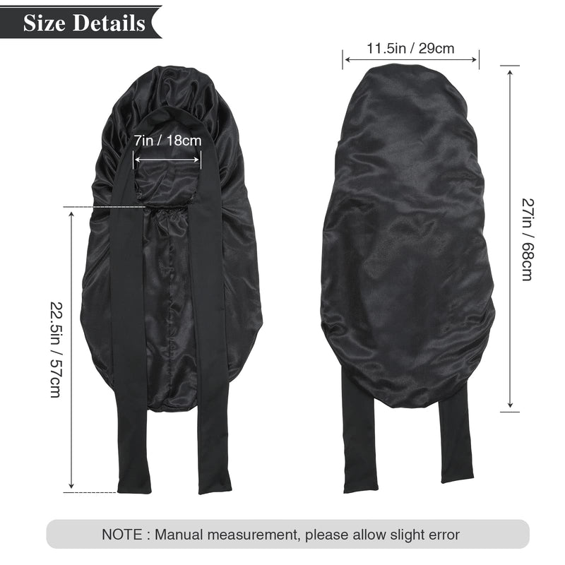 [Australia] - AWAYTR Long Satin Bonnet for Women - Double Layer Elastic Silk Bonnet for Braids Hair Sleeping Cap with Tie Band (Black) One Size Black 