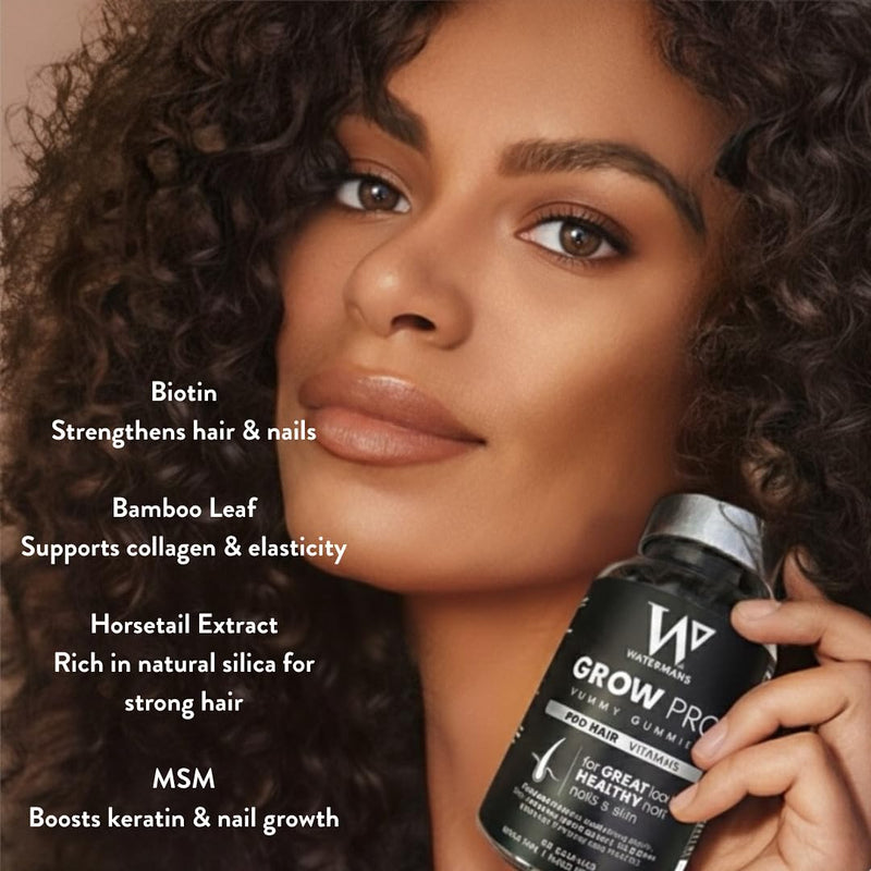 Grow Pro Gummies Biotin Hair Growth Supplement, Vegan Hair Vitamins Nail & Skin Growth Gummies by Watermans - Hair Skin and Nails Vitamins for Women & Men UK