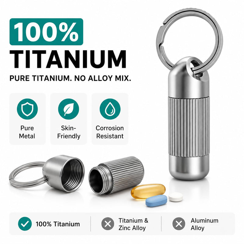Titanium Keychain Pill Holder, Mini Pill Container, Small Pill Case | Premium Titanium Construction; Lightweight, Rust-Resistant, Secure Screw-Top Storage for Vitamins and Emergency Medication Portable (1.18 in)