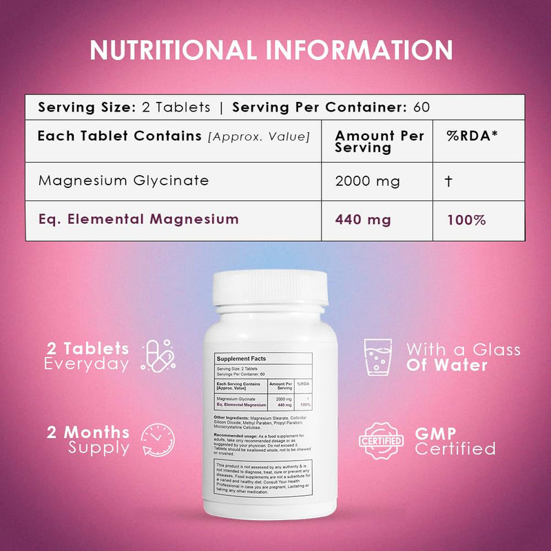 Ambrosial Chelated Magnesium Glycinate 2000mg | Provides 440mg Elemental Magnesium per Serving | 120 Vegan Tablets