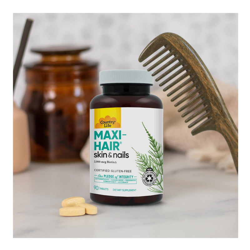Country Life Maxi-Hair 2,000 mcg Biotin, Hair Skin Nails, 90 Tablets | 2,000 mcg biotin plus vitamins, minerals and Maxi Blend supports healthy hair, skin and nails. Unflavored 90 Count (Pack of 1)