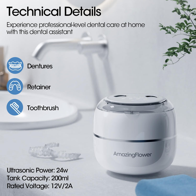 [Australia] - Ultrasonic Retainer Cleaner Machine, Upgraded 45kHz Ultrasonic Jewelry Cleaner for Ring, Aligner, Nightguard, Mouth Guard, Toothbrush Heads, Dental Cleaning Pod with 4 Lights 200ML 