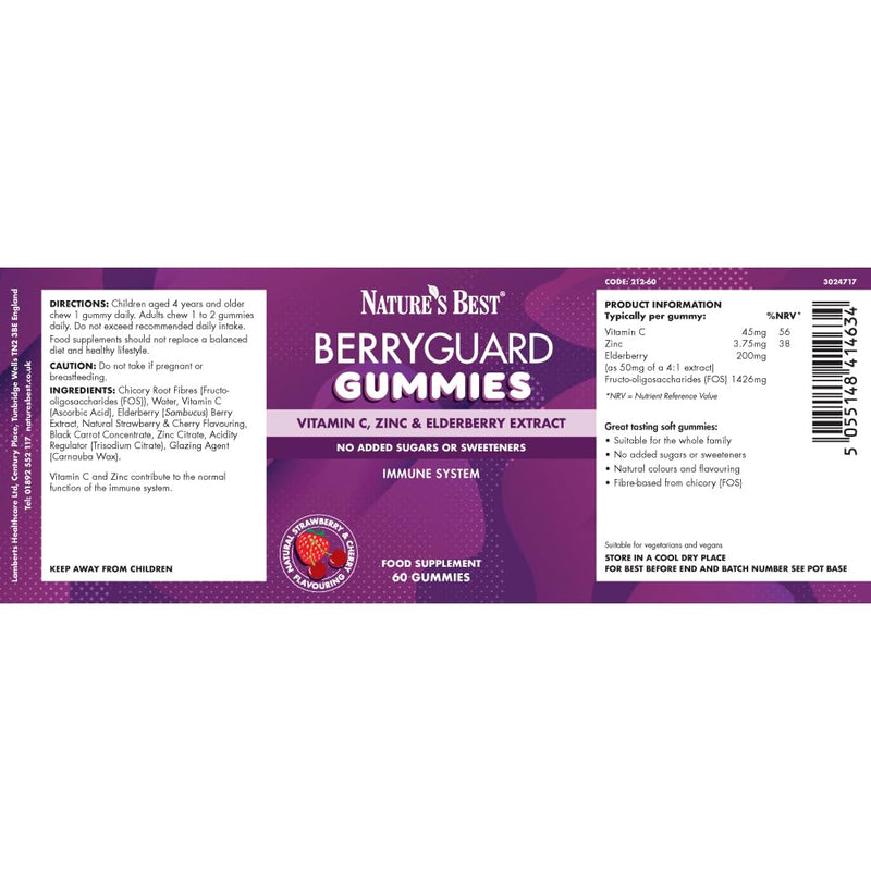 Nature’s Best Berryguard Immunity Gummies - with Vitamin C & Zinc for Immune System Support - UK Made - Strawberry & Cherry, 60 Gummies (60 Day Supply) 60 count (Pack of 1)
