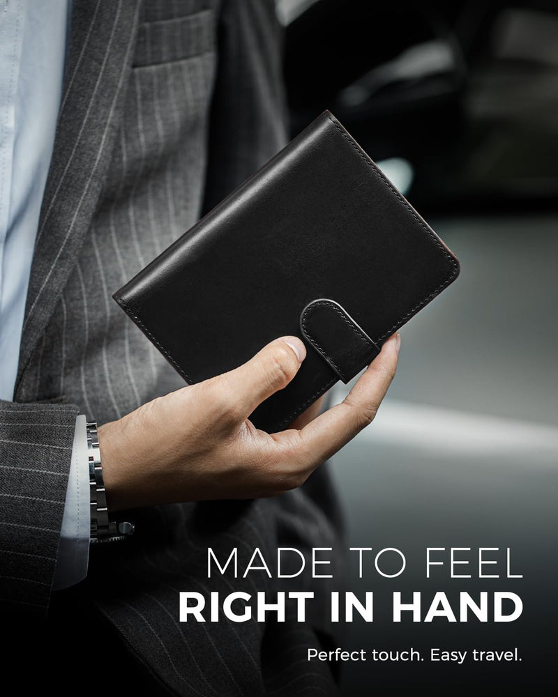 Passport Holder for Travel: RFID Blocking Full Grain Leather Passport Wallet for Men - Slim Minimalist Bi-fold Passport Cover for Air Ticket Credit Card Bills Coin, Gift Boxed (Black) Black