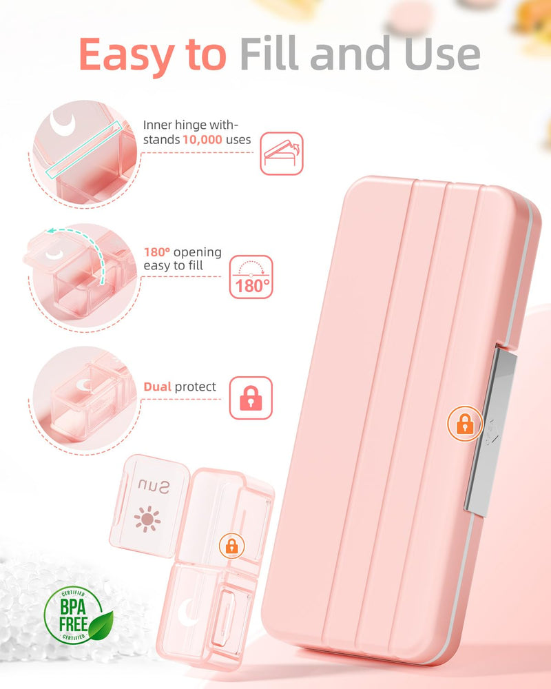 Betife AM PM Pill Organizer 2 Times a Day, 7 Day Pill Box - Pink | Removable AM/PM Daily Cases; Roomy for Fish Oil and Vitamins; Sturdy ABS Shell with Moisture-Resistant Silicone Protection.