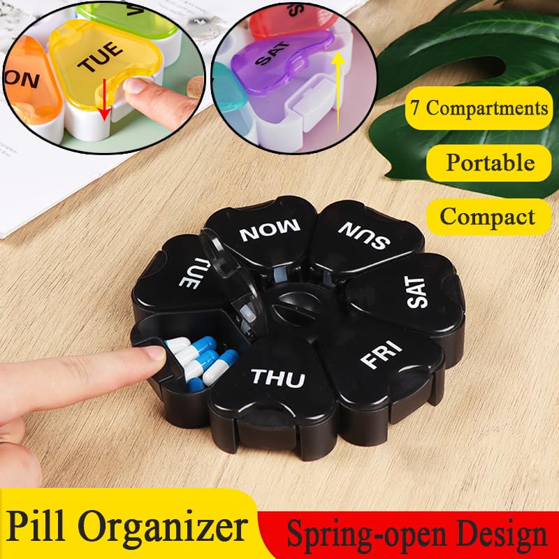 Weekly Pill Organizer, 7 Day Pill Box Daily Reminder Vitamins Case | Portable Large Capacity Compartments, Travel Pill Container for Fish Oil, Medicine Supplement, Medication, Tablet, Capsule w/ Spring open Translucent Black