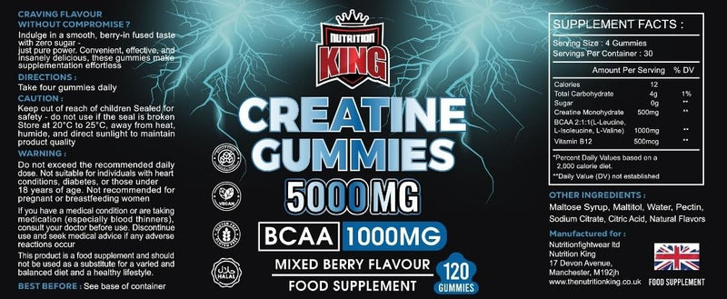Creatine Gummies 5000mg Per Serving – BCAA 1000mg + Vitamin B12 – Sugar-Free Creatine Monohydrate Gummies – Energy, Strength & Recovery Support – Vegan Friendly – 120 Gummies (Blueberry)