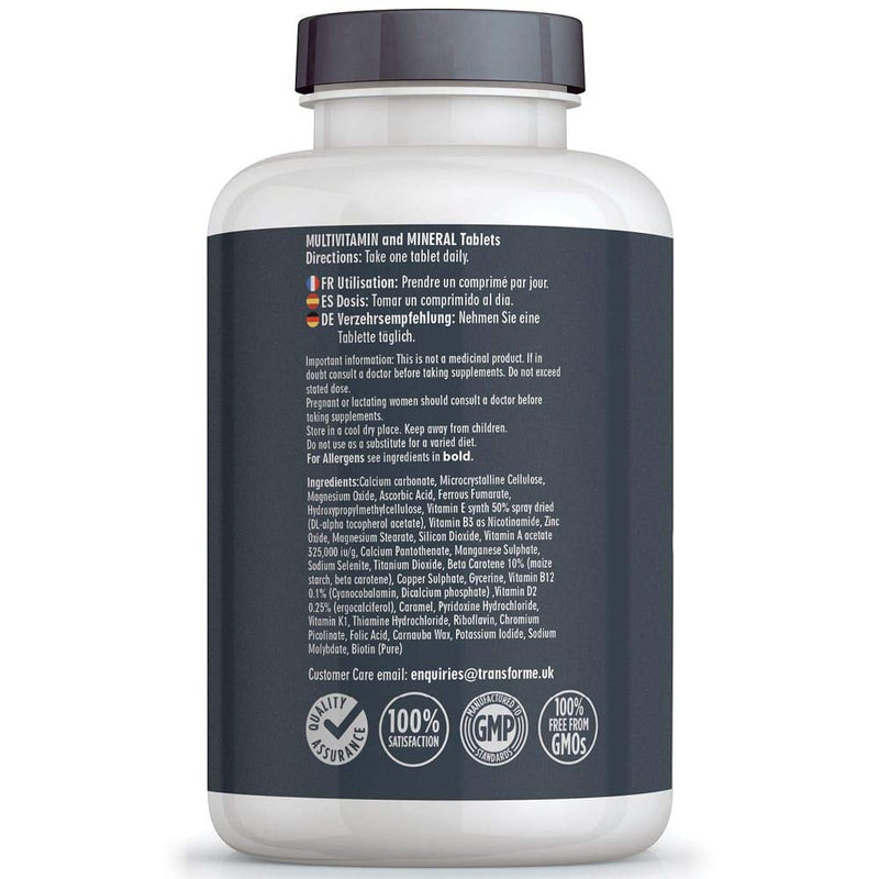 Multivitamins Nutritional Supplements for Women and Men, 365 Tablets, 1 Year Supply, 24 Active Vitamins and Minerals inc Vitamin D, C, B, Iron, Magnesium, Zinc, Vegan Vegetarian, UK Made by Transforme 1 count (Pack of 365)