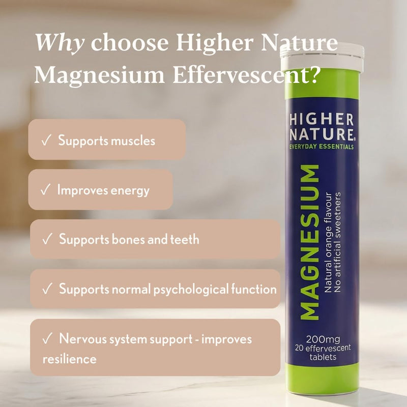 Higher Nature Magnesium Effervescent Tablets - 200mg Effervescent Supplement - Natural Orange Flavour - No Artificial Sweeteners - 60 Magnesium Tablets (Pack of 3 x 20) 20 count (Pack of 3)