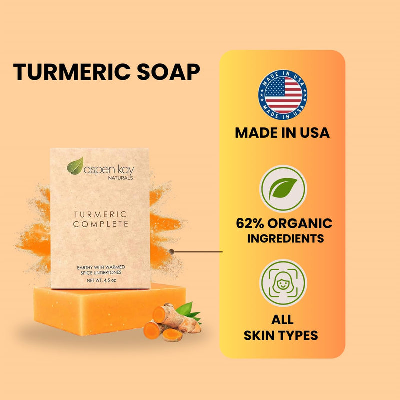Aspen Kay Naturals Turmeric Soap for Face & Body - made with Organic Shea Butter, Chamomile & Calendula - Gentle Turmeric Face Wash, All Skin Types, Made in USA (2 pack) 4.5 Ounce (Pack of 2)