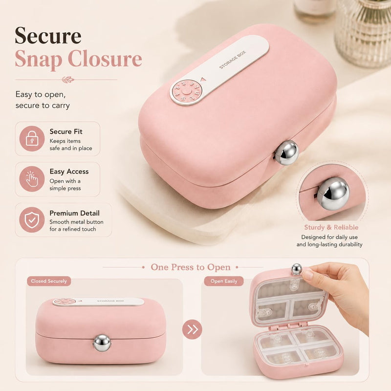 Travel Pill Organizer with Date Dial, 7-Compartment Portable Pill Case | Pink case with metal push-button closure; 7 fixed compartments for vitamins and supplements, compact for purses and travel