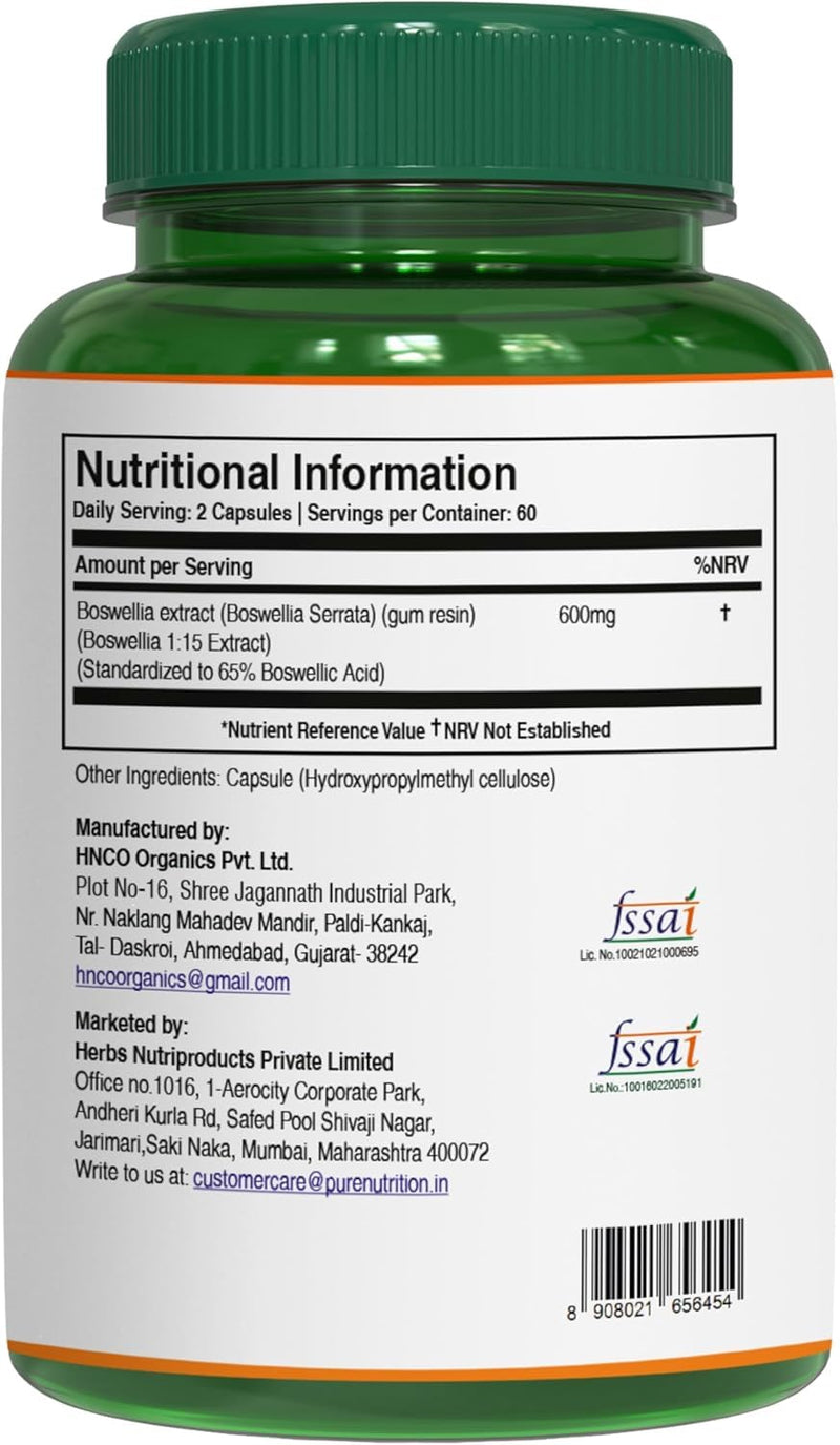 Pure Nutrition Boswellia Serrata 15:1 Extract 600mg | 120 Cap | Min 65% Boswellic Acids | Each Serving Offer 600mg 15:1 Extract Equivalent to 9000mg Raw Boswellia Powder | Non-GMO 120 count (Pack of 1)