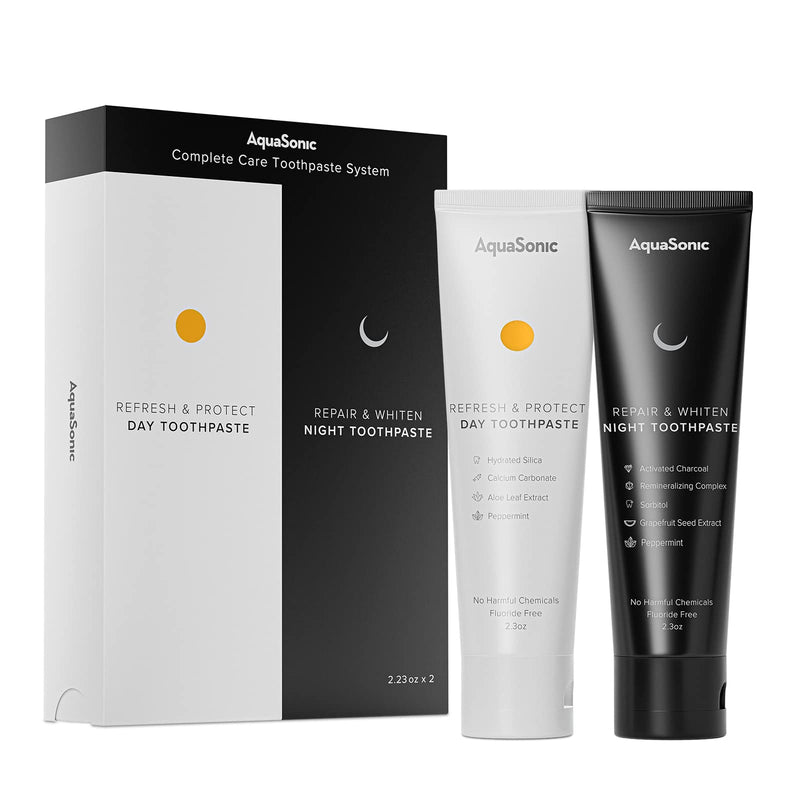 AquaSonic Complete Care Toothpaste - Refresh & Protect Day, Repair & Whiten Night - Fluoride Free Natural, Anti-cavity, Anti-plaque, Reharden, Strengthen, Whiten, Detoxify