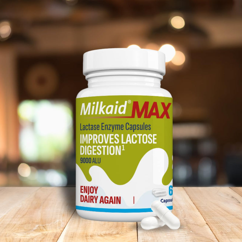 [Australia] - Milkaid Max Capsules for Lactose Intolerance Relief with Lactase Enzyme, Dietary Supplement to Help Prevent Gas, Bloating & Diarrhea Due to Lactose Sensitivity | 9000 ALU (60 Capsules, Unflavored) 60 Count (Pack of 1) 