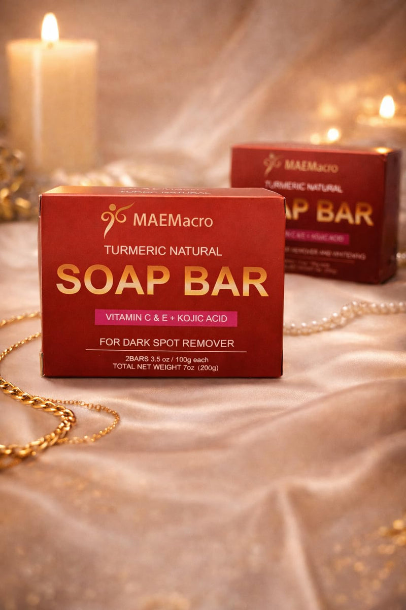 MAEMacro Turmeric & Kojic Acid soap bar with Vitamin C, Retinol, Collagen, Hyaluronic Acid, and Vitamin E | Reduce Dark Spots | Fine Lines, and Improve Skin Tone (2 Soap Bars)