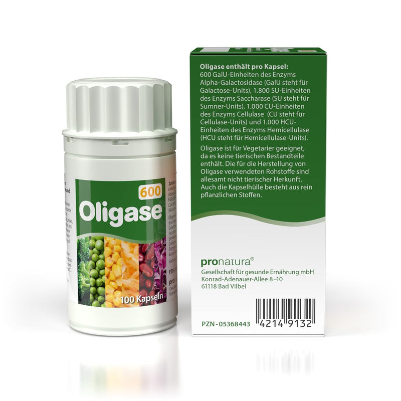 [Australia] - Oligase 600, enzyme mixture for the digestion of flatulent carbohydrates, digestive enzymes to help with bloating and stomach pain, free of gluten and fructose, suitable for vegetarians, 100 capsules 