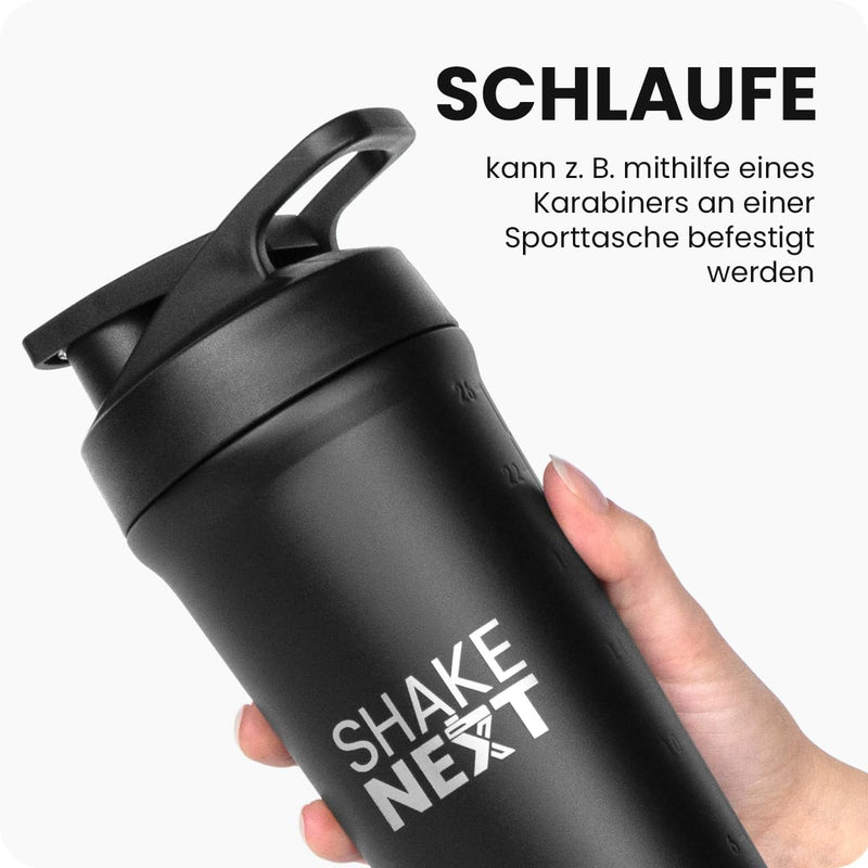 [Australia] - ShakeNext® stainless steel shaker [NEW INTRODUCTION] - Drinking bottle with mix ball 700ml, fitness shaker and protein shaker with leak-proof pressure cap, patented design (black) black 