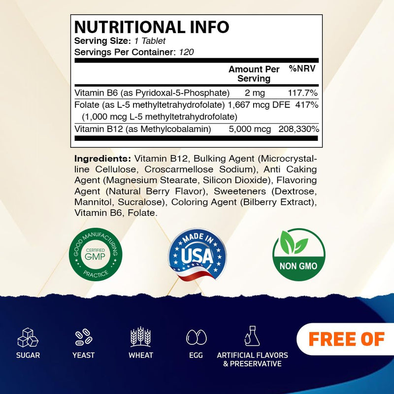 Vitamatic Methyl Folate & B12 Supplement with Pyridoxal 5 Phosphate (P-5-P) - Promotes Cardiovascular Health & Energy Metabolism - 120 Fast Dissolve Tablets - Non GMO & Gluten Free