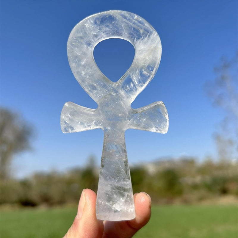 4" Cross Crystal Worry Stones Natural Clear Crystal Ankh Cross Carved Rose Quartz ，Aventurine Crystal Skull Reiki Healing 1pc (Clear Crystal)