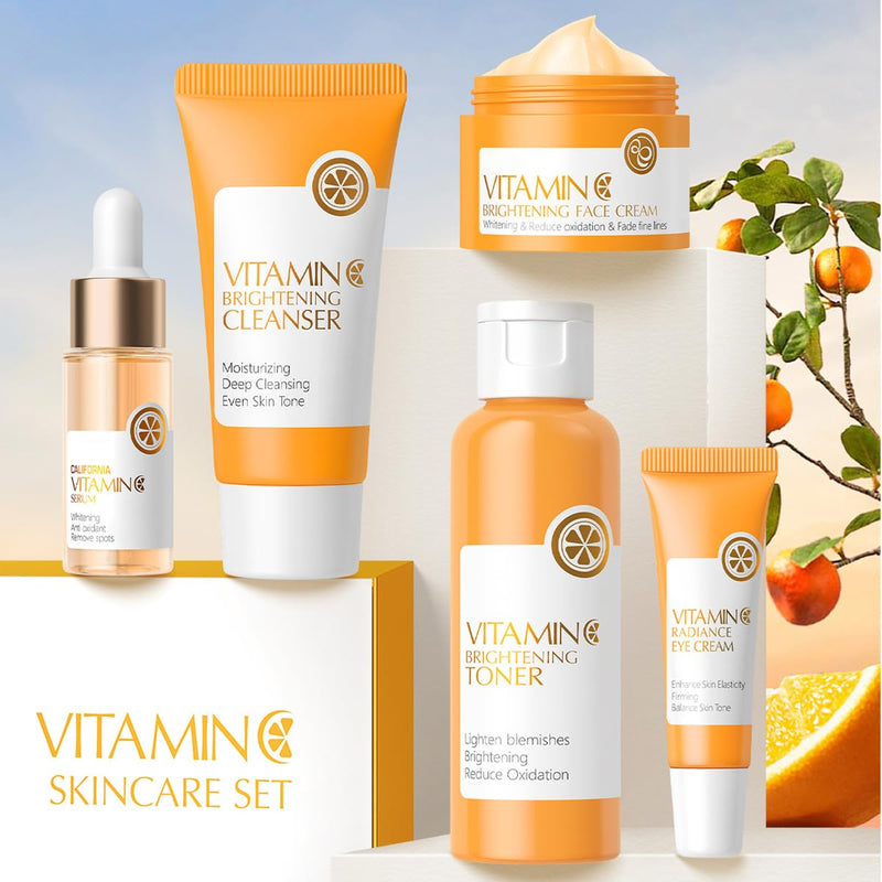 5PCS Vitamin C Skincare Set, Complete Face Care Kit with Cleanser, Toner, Serum, Eye Cream and Face Cream, Moisturizing Anti-Aging Skin