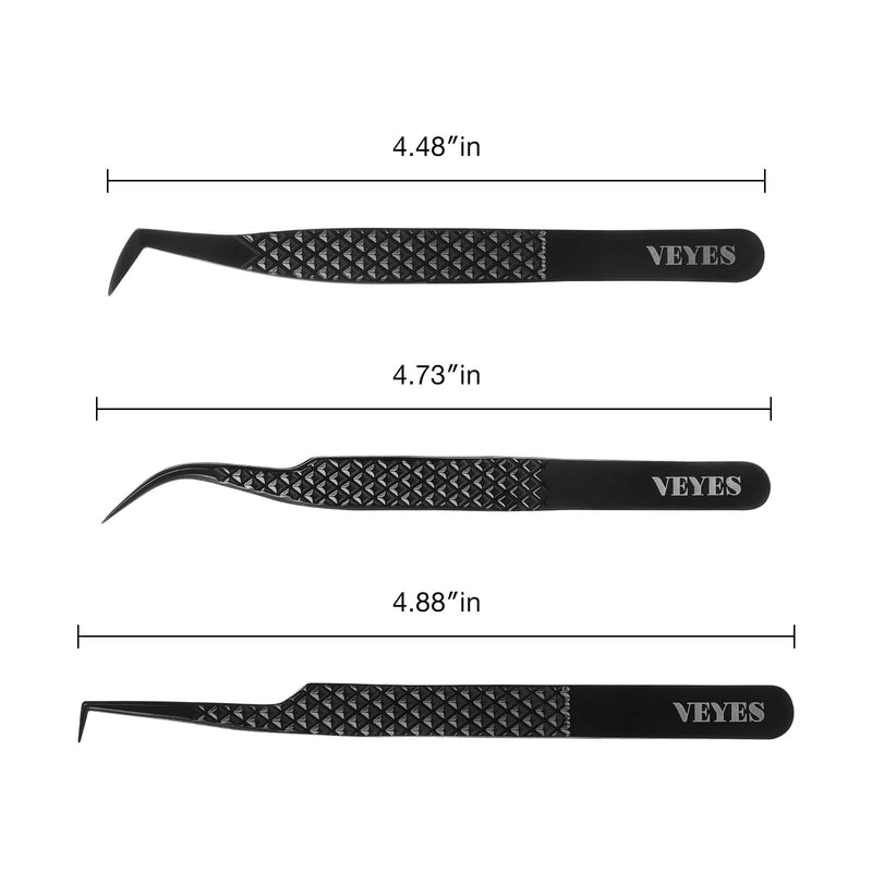 VEYES INC Lash Tweezers for Eyelash Extensions,Fiber Tip Tweezers Kit for Individual Classic and Volume Lash,3PCS Stainless Steel Lash Tweezers-Black Noir KIT