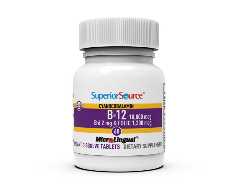 Superior Source No Shot Vitamin B-12 Cyanocobalamin 10000 mcg, B-6, Folic Acid 1200 mcg - Support Brain & Heart Health - Aids Natural Energy Levels - 60 Sublingual Dissolving Tablets | Sublingual B-12 Methylcobalamin Formula with B-6 and Folic Acid Sup...