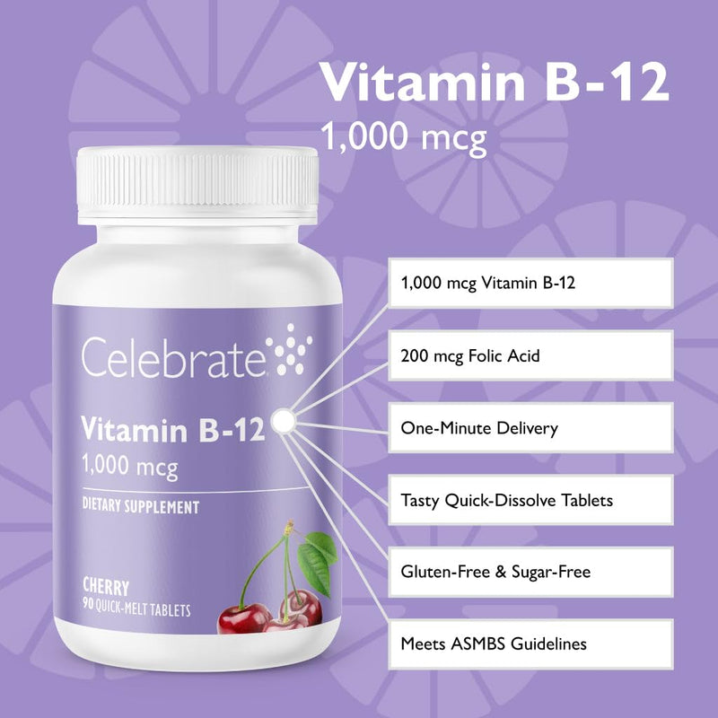 Celebrate Vitamins B-12 Quick Melt 1000 mcg with Folic Acid – 90 Tablets for Energy & Metabolism Support Cherry