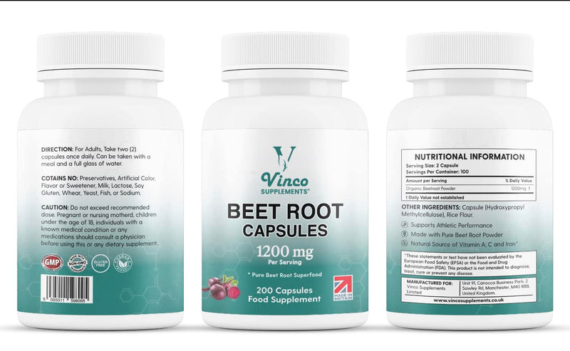 Vinco Beetroot Capsules - 1200mg Organic BeetRoot Powder Per Serving - UK-Made, Non-GMO, Gluten-Free, Vegan Food Beet Root Supplements - Support Blood Pressure, Digestion, Immune System - 200 Capsules